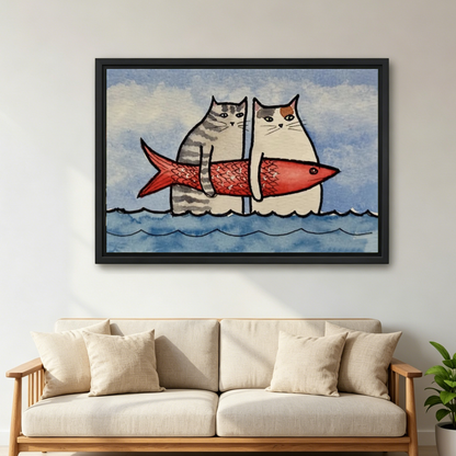 Funny Cats Red Fish artwork in a black frame above a cream sofa with wooden arms.