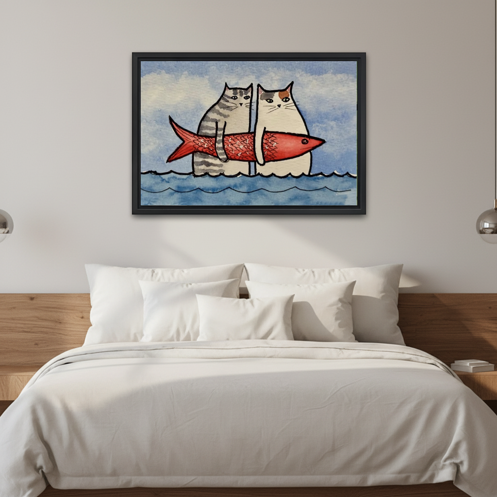Funny Cats Red Fish artwork in a black frame above a white bed in a calm bedroom.