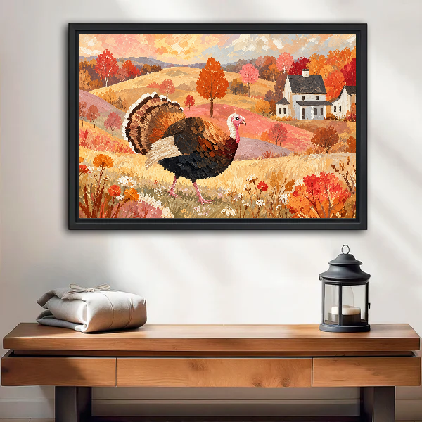 Autumn Turkey Farmhouse artwork in a black frame above a wooden table and lantern.