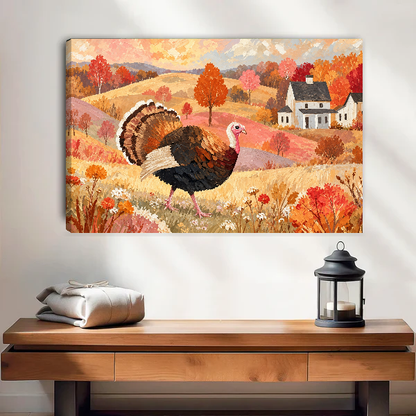 Autumn Turkey Farmhouse artwork as unframed canvas above a warm wooden table.