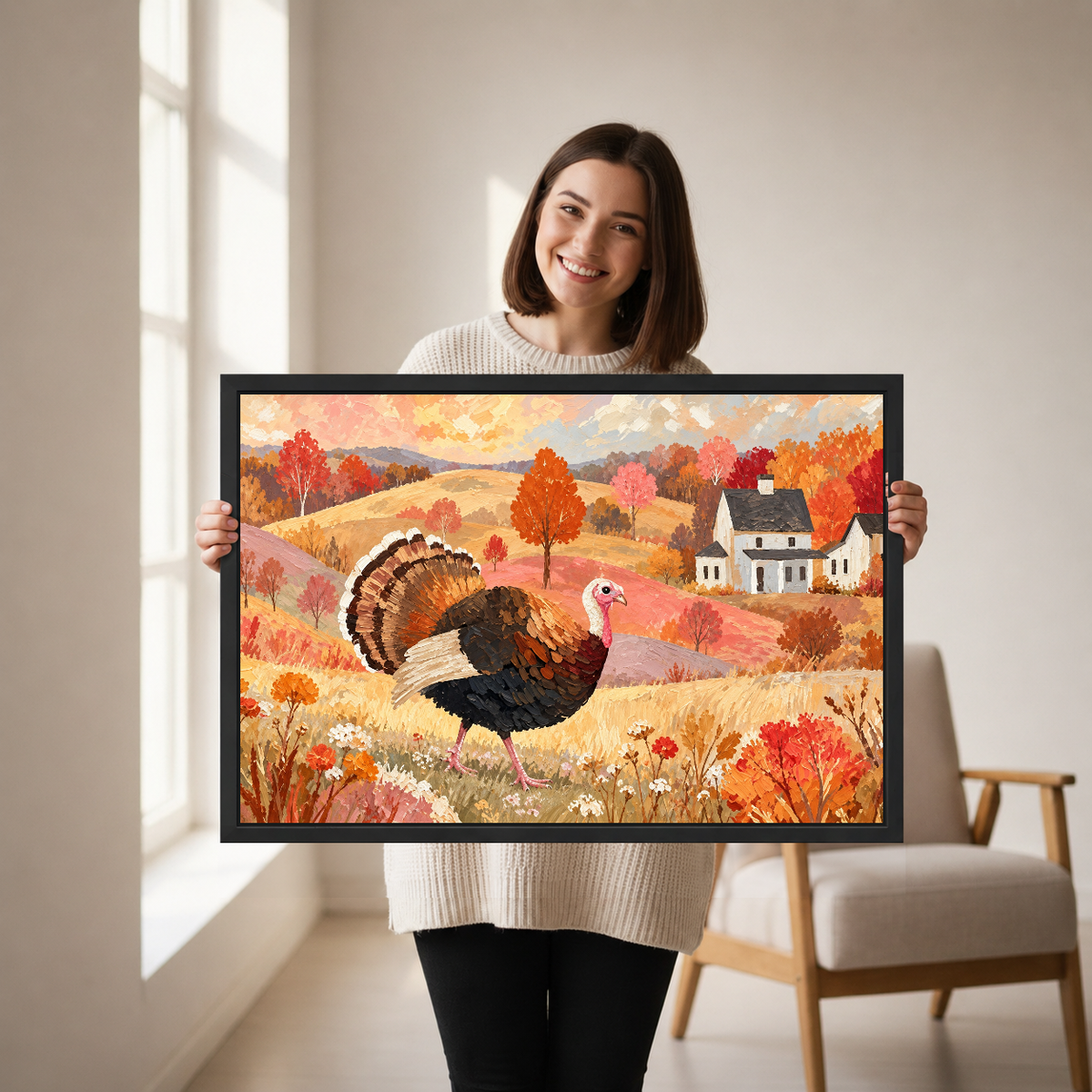 Autumn Turkey Farmhouse artwork held by a woman in a softly lit neutral living room.