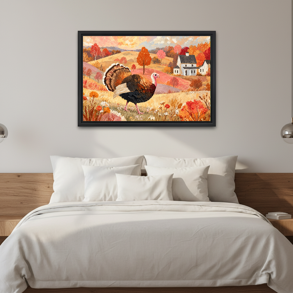Autumn Turkey Farmhouse artwork in a black frame above a white bed in a calm bedroom.