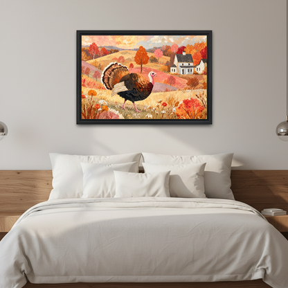 Autumn Turkey Farmhouse artwork in a black frame above a white bed in a calm bedroom.