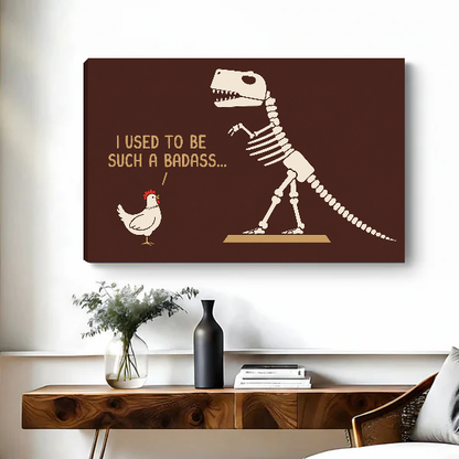 Funny Dinosaur Chicken artwork as unframed canvas above a wooden desk with black vase.