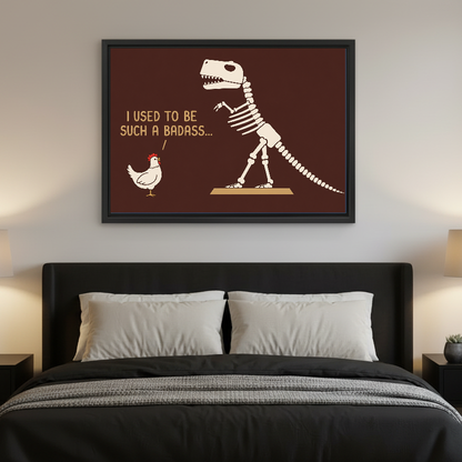 Funny Dinosaur Chicken artwork in a black frame above a bed with dark headboard.