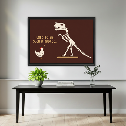Funny Dinosaur Chicken artwork in a black frame above a black console with plants.