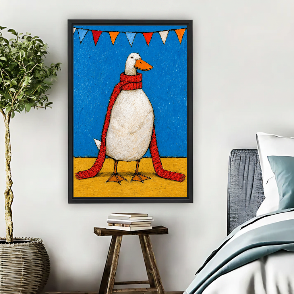 Funny Red Scarf Duck artwork in a black frame above a bed with blue bedding.