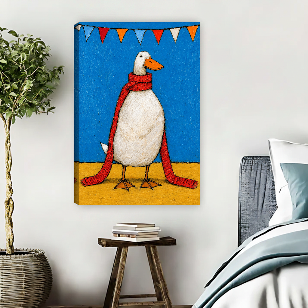 Funny Red Scarf Duck artwork as unframed canvas above a bed with blue bedding.