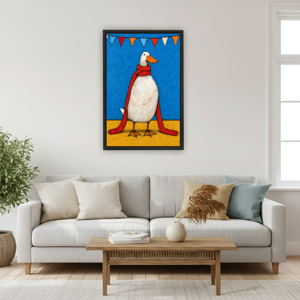 Funny Red Scarf Duck artwork in a black frame above a cream sofa beside a window.