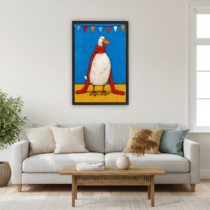 Funny Red Scarf Duck artwork in a black frame above a cream sofa beside a window.