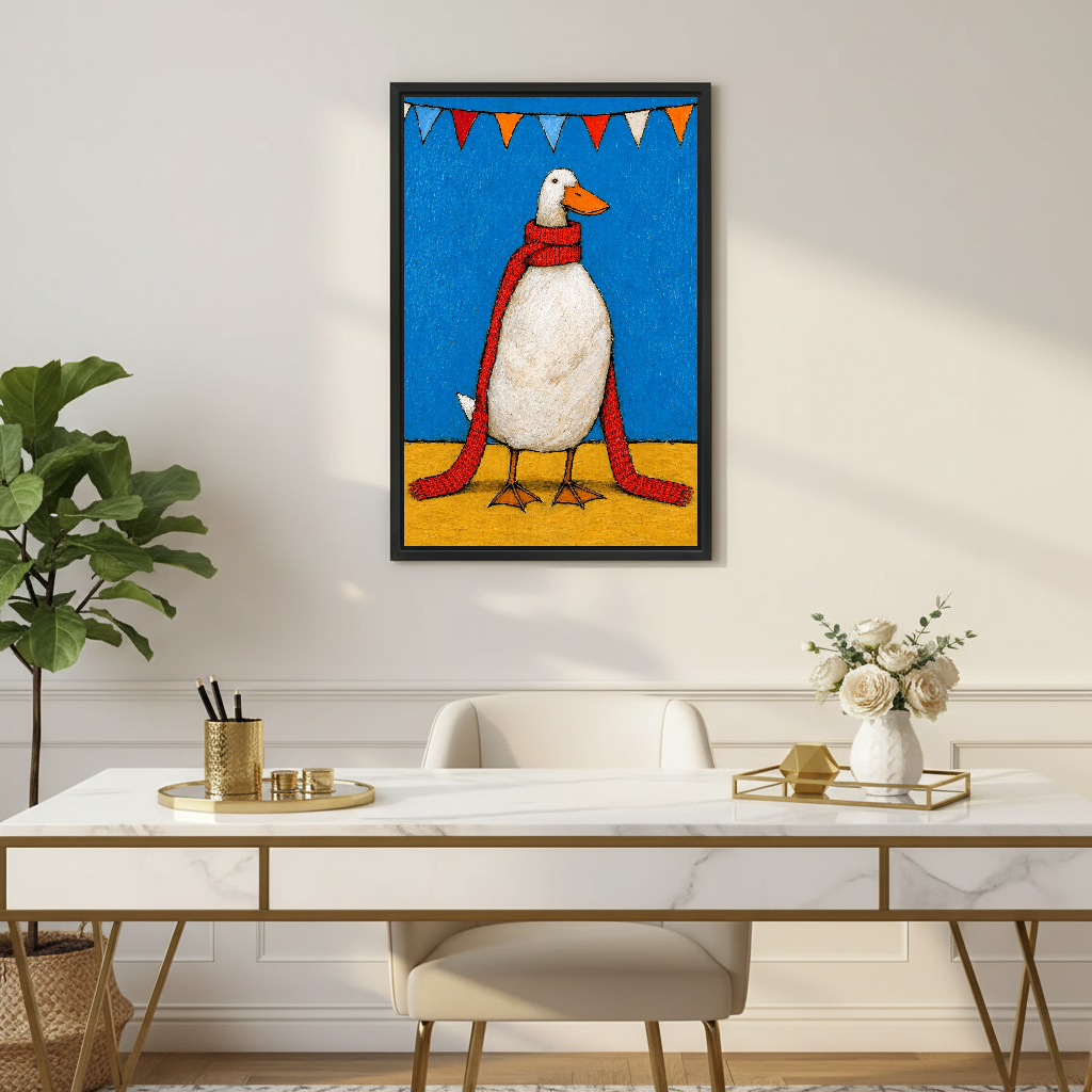Funny Red Scarf Duck artwork in a black frame above a white desk with gold accents.