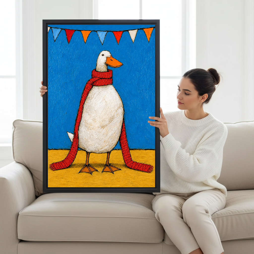Funny Red Scarf Duck artwork displayed beside a seated woman in a neutral interior.