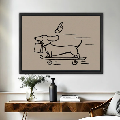 Funny Skateboard Dachshund artwork in a black frame above a live-edge wooden desk.