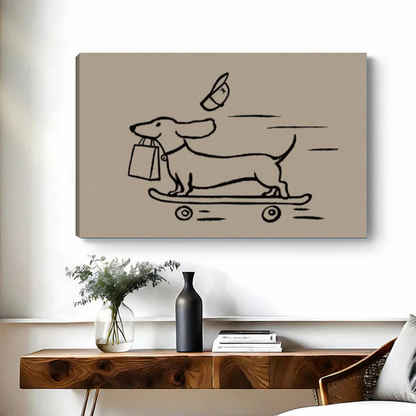 Funny Skateboard Dachshund artwork as unframed canvas above a wooden desk with black vase.
