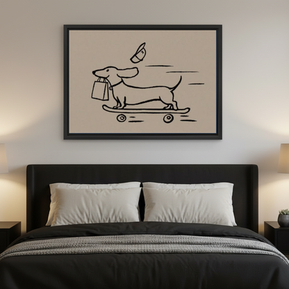 Funny Skateboard Dachshund artwork in a black frame above a bed with dark headboard.