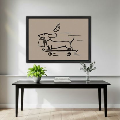 Funny Skateboard Dachshund artwork in a black frame above a black console with plants.