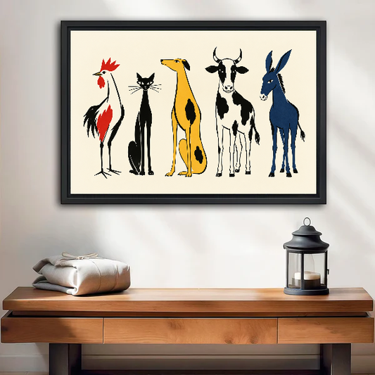 Whimsical Farm Animal Friends artwork in a black frame above a wooden table and lantern.