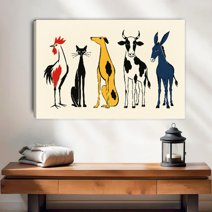 Whimsical Farm Animal Friends artwork as unframed canvas above a warm wooden table.