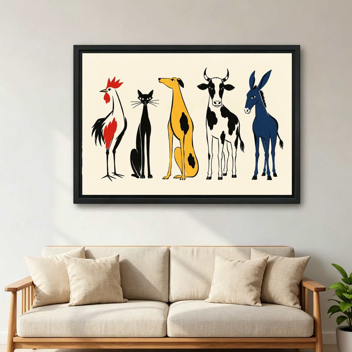 Whimsical Farm Animal Friends artwork in a black frame above a cream sofa with wooden arms.