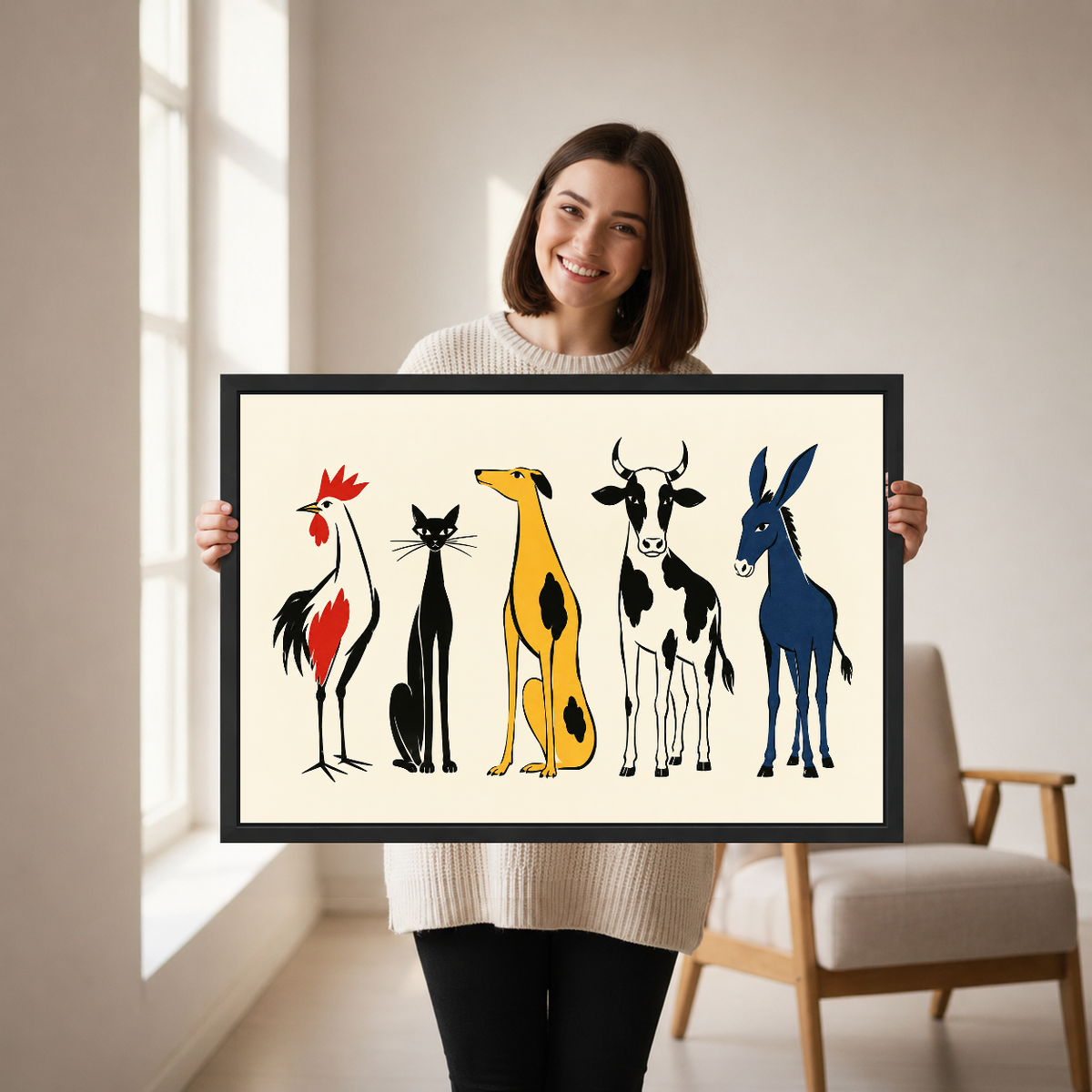Whimsical Farm Animal Friends artwork held by a woman in a softly lit neutral living room.