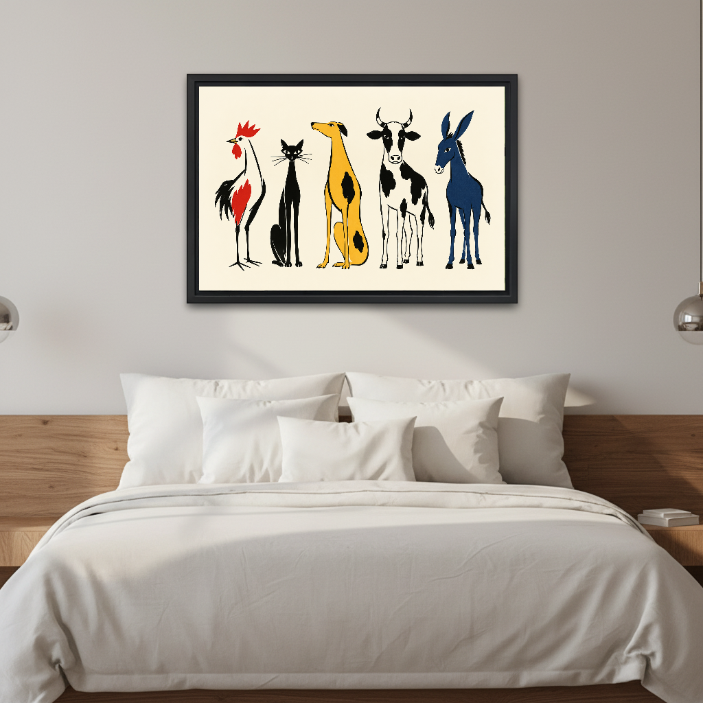 Whimsical Farm Animal Friends artwork in a black frame above a white bed in a calm bedroom.
