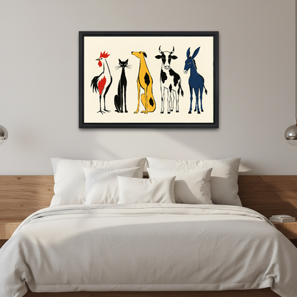 Whimsical Farm Animal Friends artwork in a black frame above a white bed in a calm bedroom.
