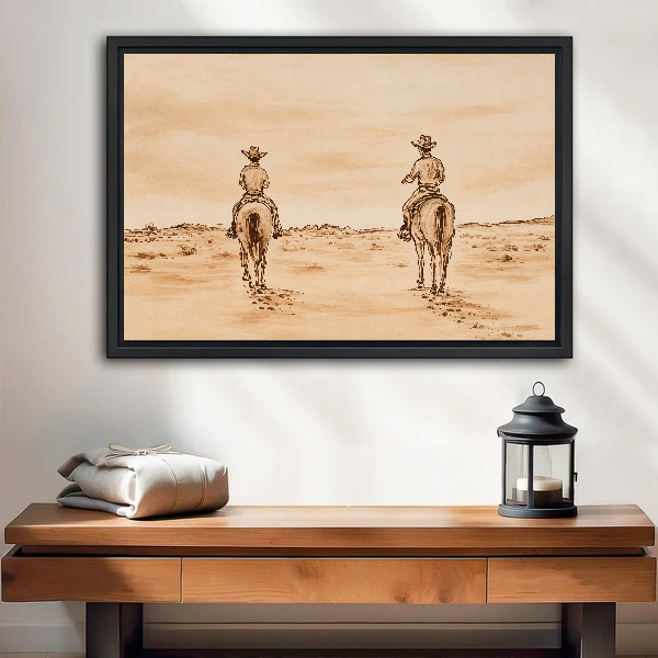 Quiet Western Horse Riders artwork in a black frame above a wooden table and lantern.