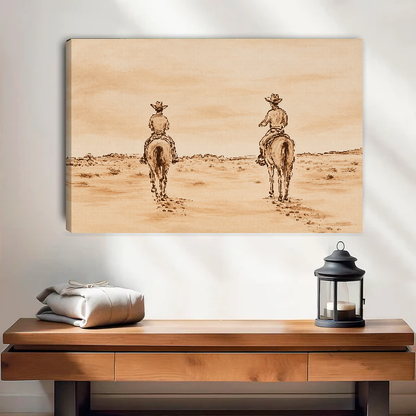 Quiet Western Horse Riders artwork as unframed canvas above a warm wooden table.