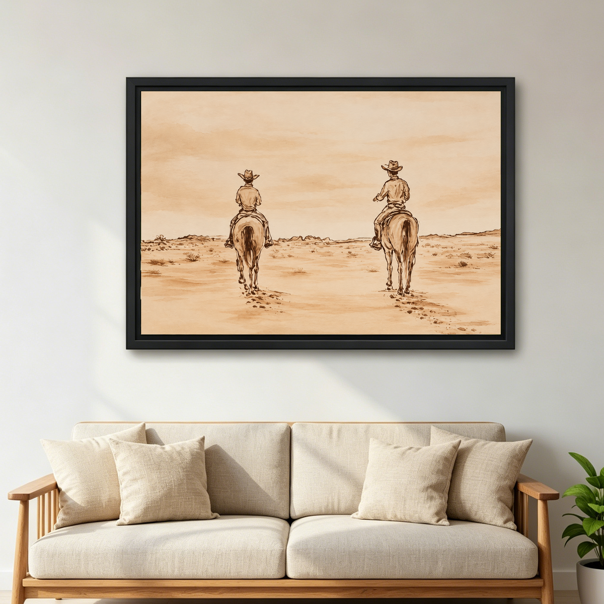 Quiet Western Horse Riders artwork in a black frame above a cream sofa with wooden arms.