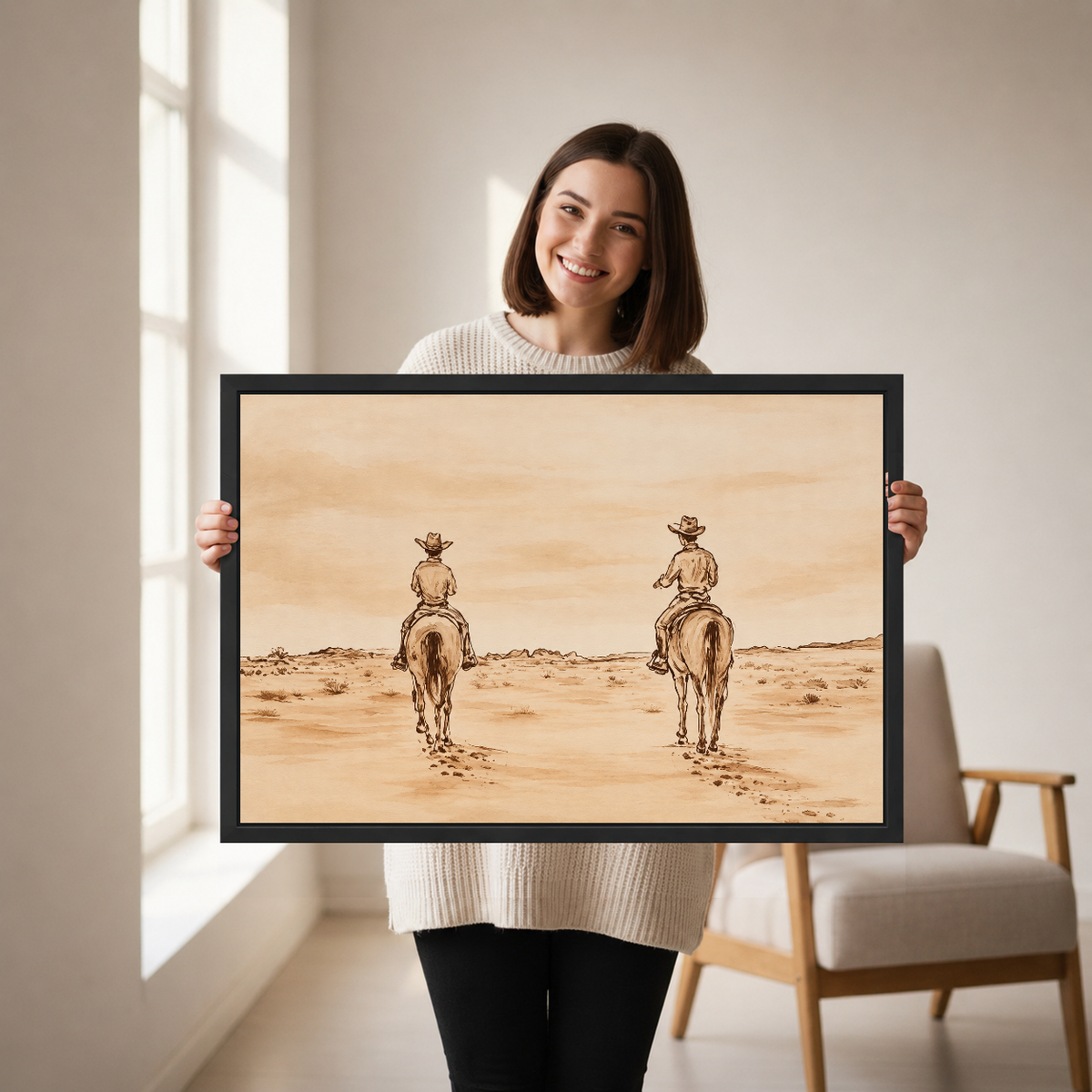 Quiet Western Horse Riders artwork held by a woman in a softly lit neutral living room.