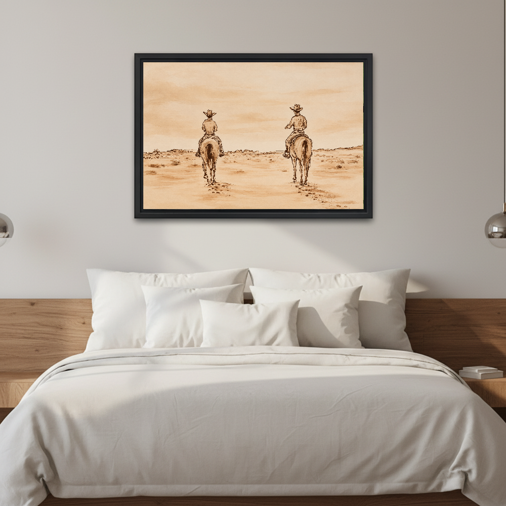 Quiet Western Horse Riders artwork in a black frame above a white bed in a calm bedroom.