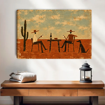 Rustic Cowboy Drinking Friends artwork as unframed canvas above a warm wooden table.