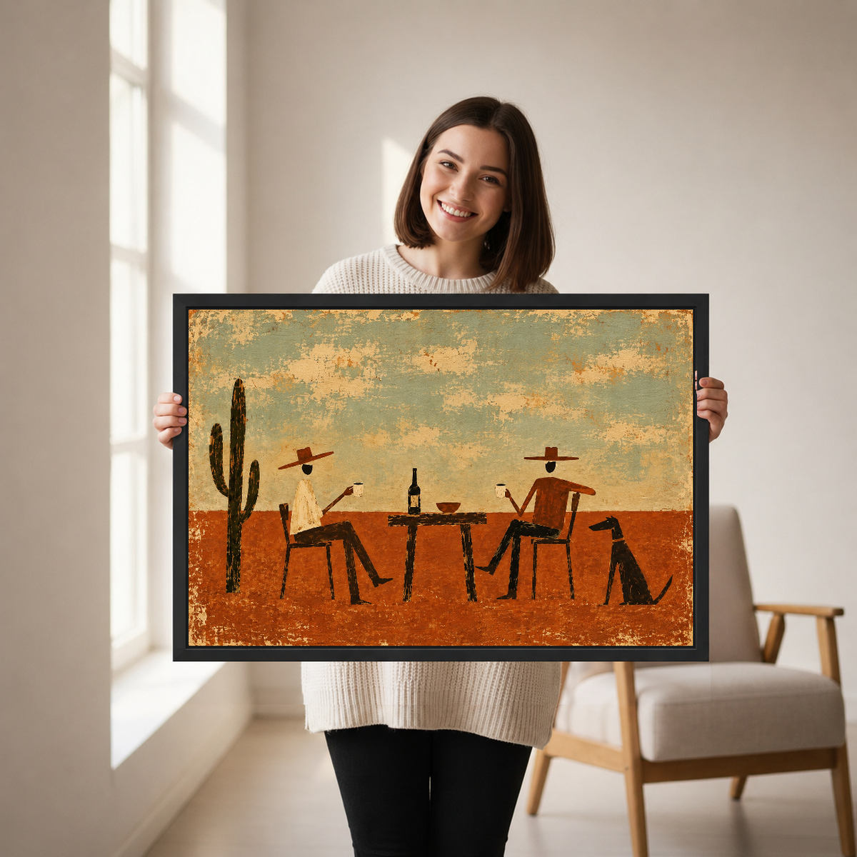 Rustic Cowboy Drinking Friends artwork held by a woman in a softly lit neutral living room.