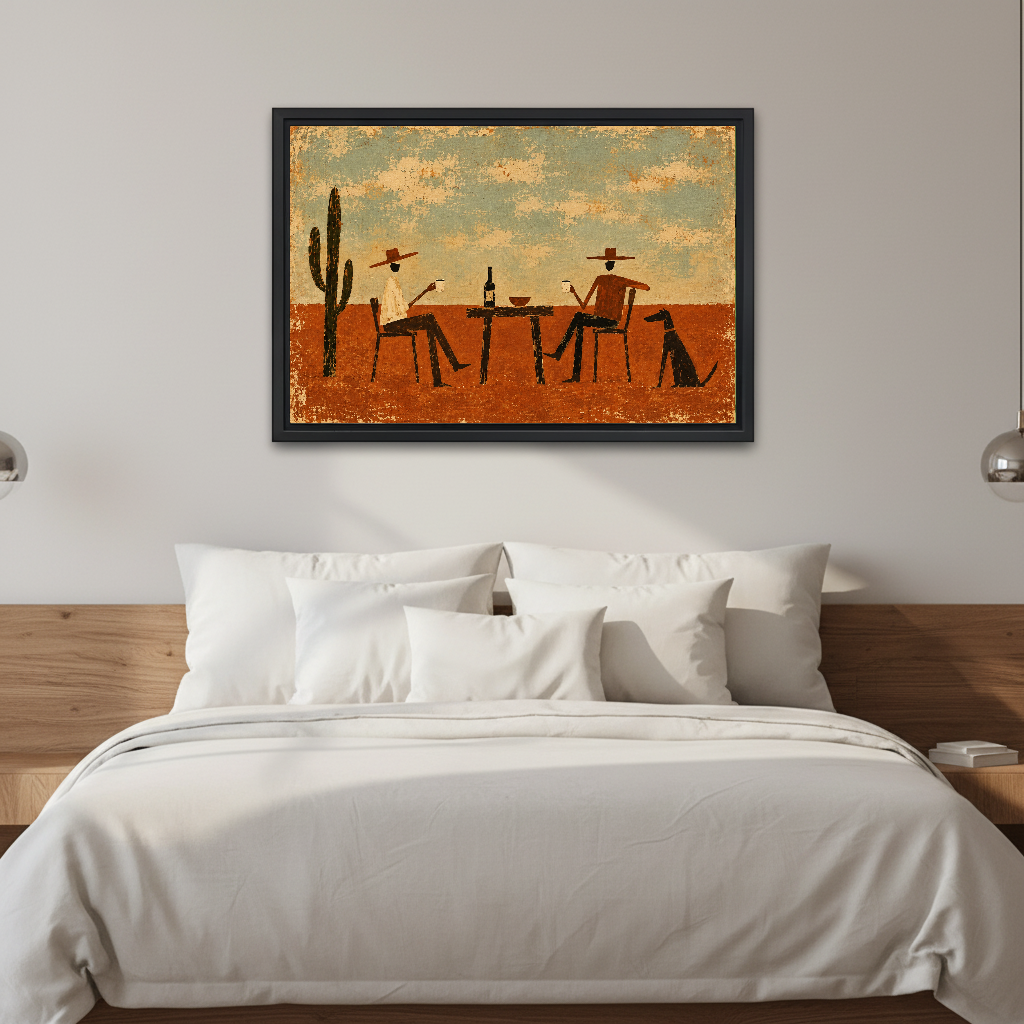 Rustic Cowboy Drinking Friends artwork in a black frame above a white bed in a calm bedroom.