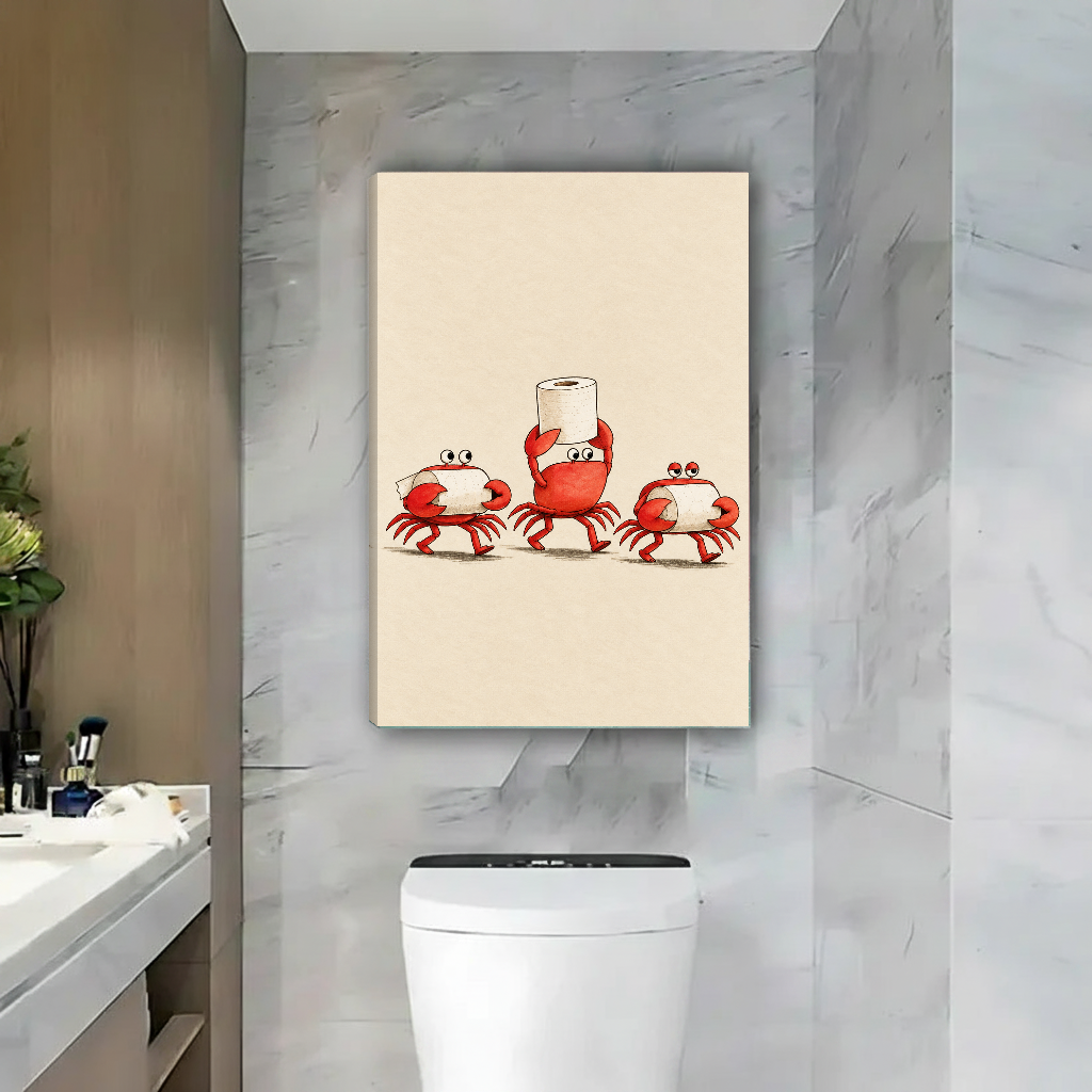 Funny Toilet Paper Crabs artwork as unframed canvas above a toilet on a marble wall.