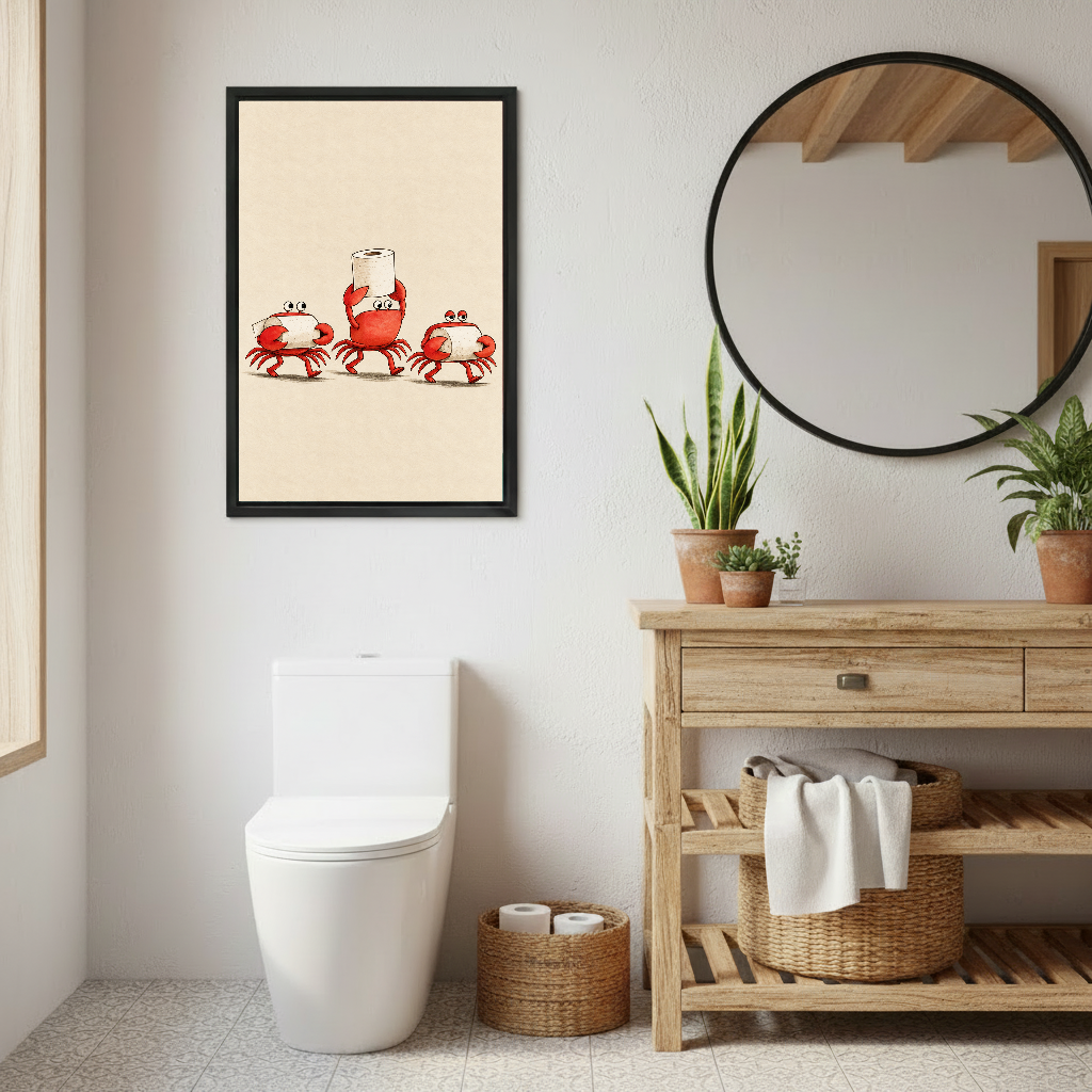 Funny Toilet Paper Crabs artwork in a black frame beside a wooden vanity and round mirror.