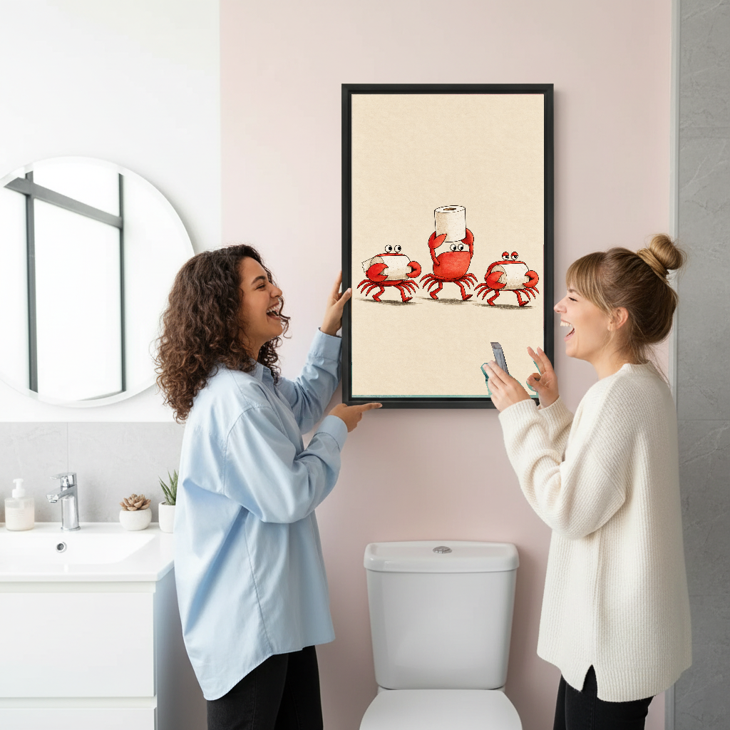 Funny Toilet Paper Crabs artwork held in a black frame by women in a bright bathroom.