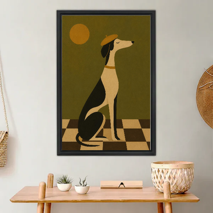 Elegant Beret Hound artwork in a black frame above a warm wooden console.