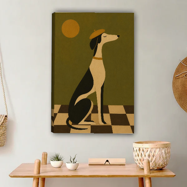 Elegant Beret Hound artwork as unframed canvas above a wooden console beside woven accents.