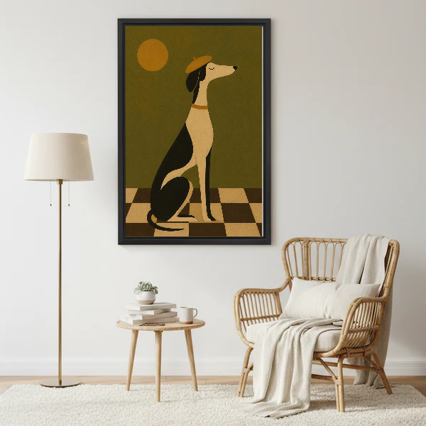 Elegant Beret Hound artwork in a black frame beside a lamp and pale rattan chair.