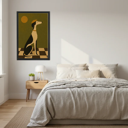 Elegant Beret Hound artwork in a black frame above a bed with cream bedding.