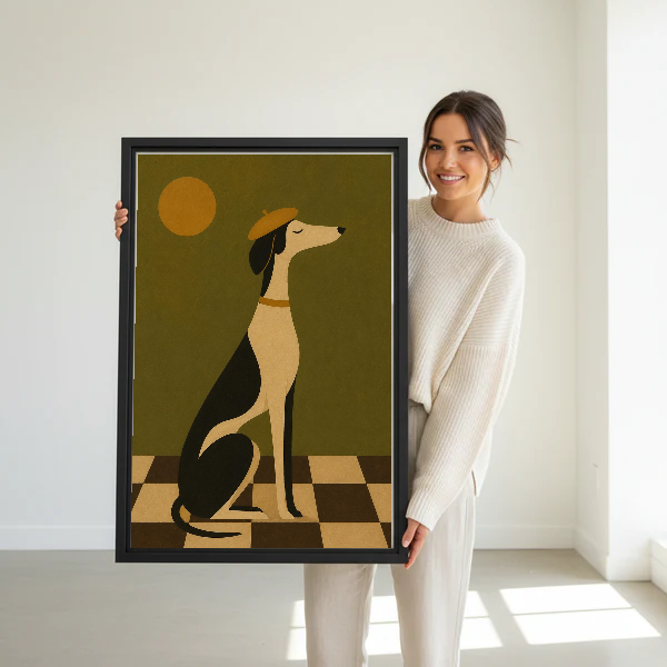 Elegant Beret Hound artwork held by a woman in a bright neutral room.