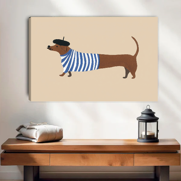 French Striped Dachshund artwork as unframed canvas above a warm wooden table.