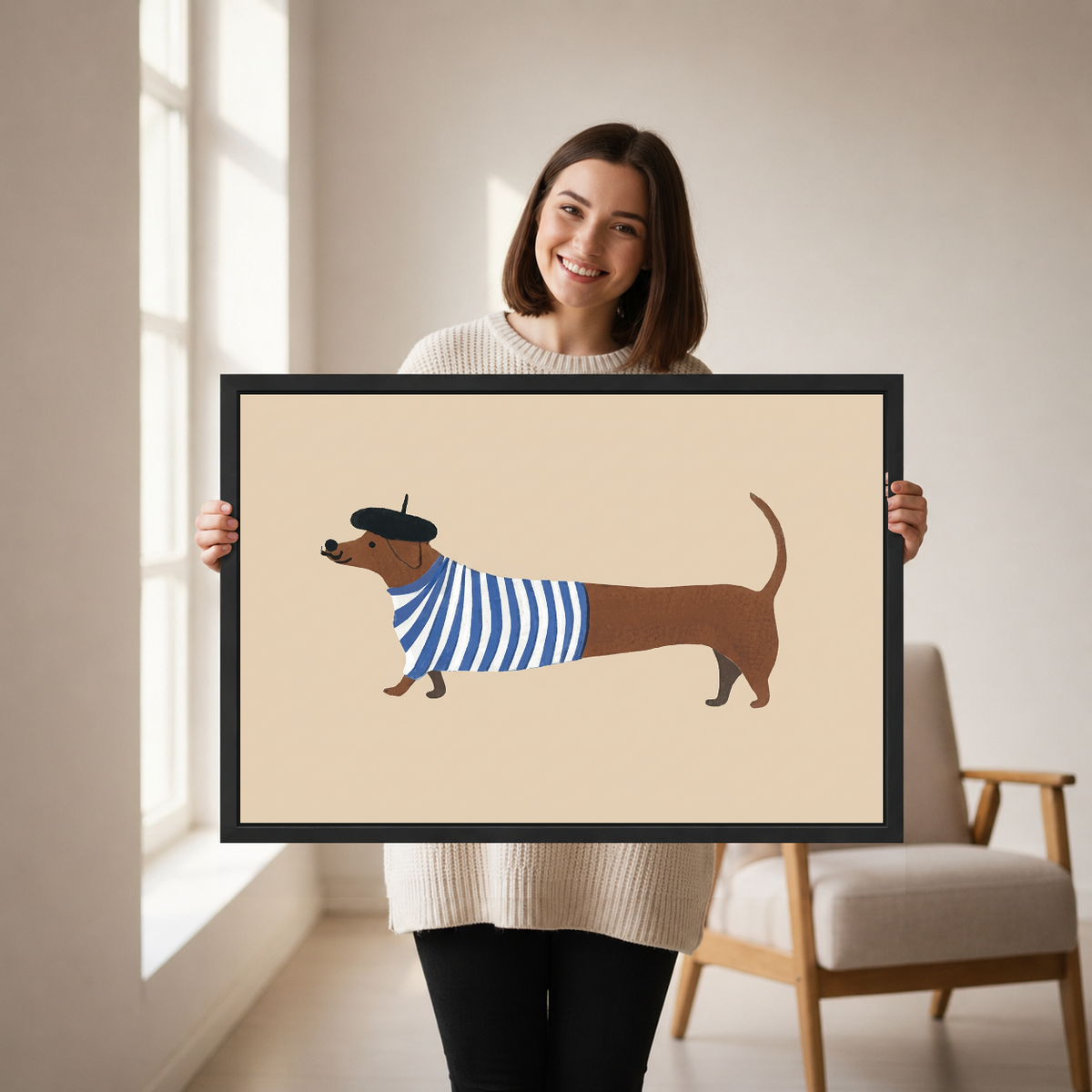 French Striped Dachshund artwork held by a woman in a softly lit neutral living room.