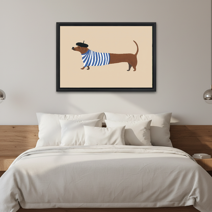 French Striped Dachshund artwork in a black frame above a white bed in a calm bedroom.