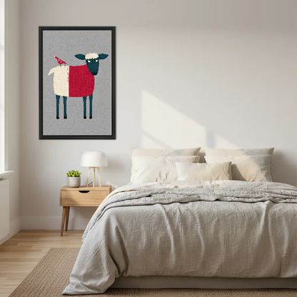 Folk Sheep Red Bird artwork in a black frame above a bed with cream bedding.