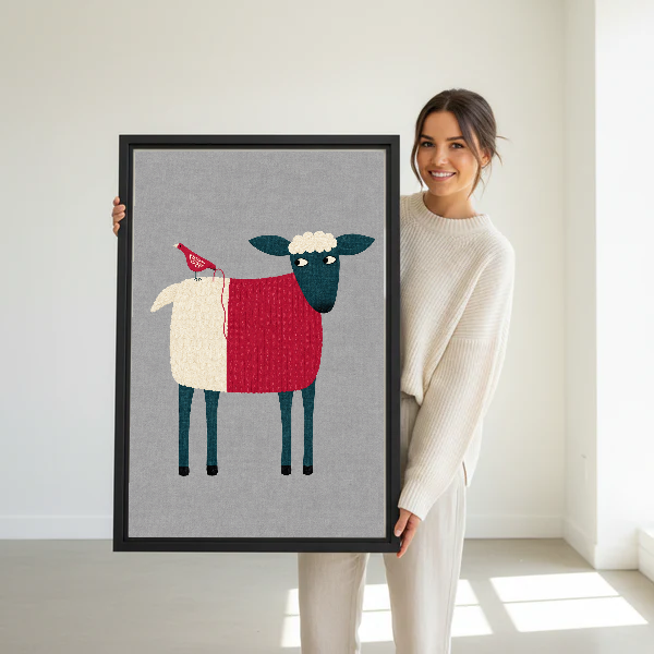 Folk Sheep Red Bird artwork held by a woman in a bright neutral room.