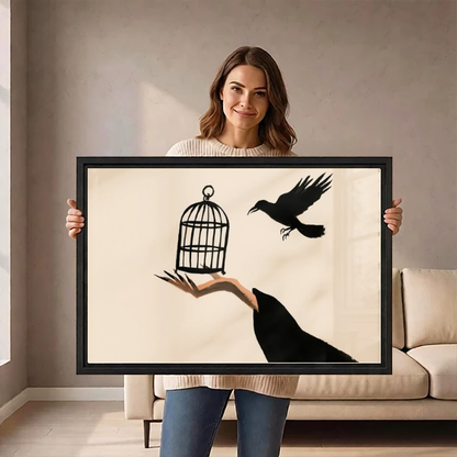 Raven Hand Birdcage artwork held in a black frame by a woman beside a cream sofa.