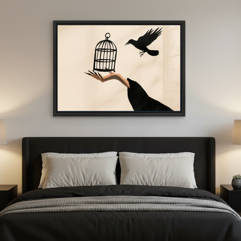 Raven Hand Birdcage artwork in a black frame above a bed with dark headboard.