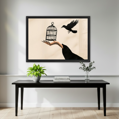 Raven Hand Birdcage artwork in a black frame above a black console with plants.